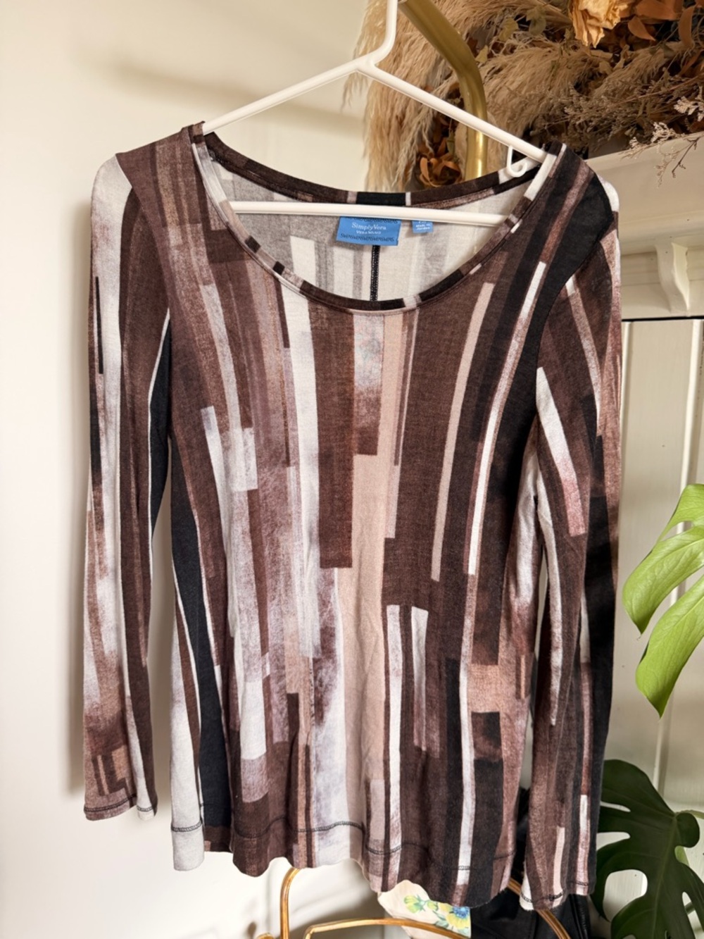 Simply Vera Vera Wang Brown and Cream Abstract Long-Sleeve Scoop Neck Dress